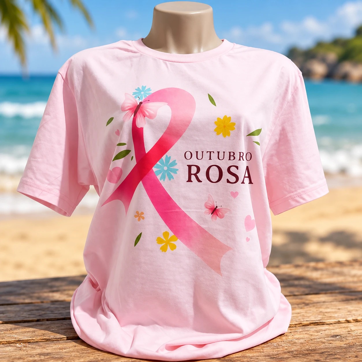 Camiseta rosa personalizada de Outubro Rosa com laço e borboletas