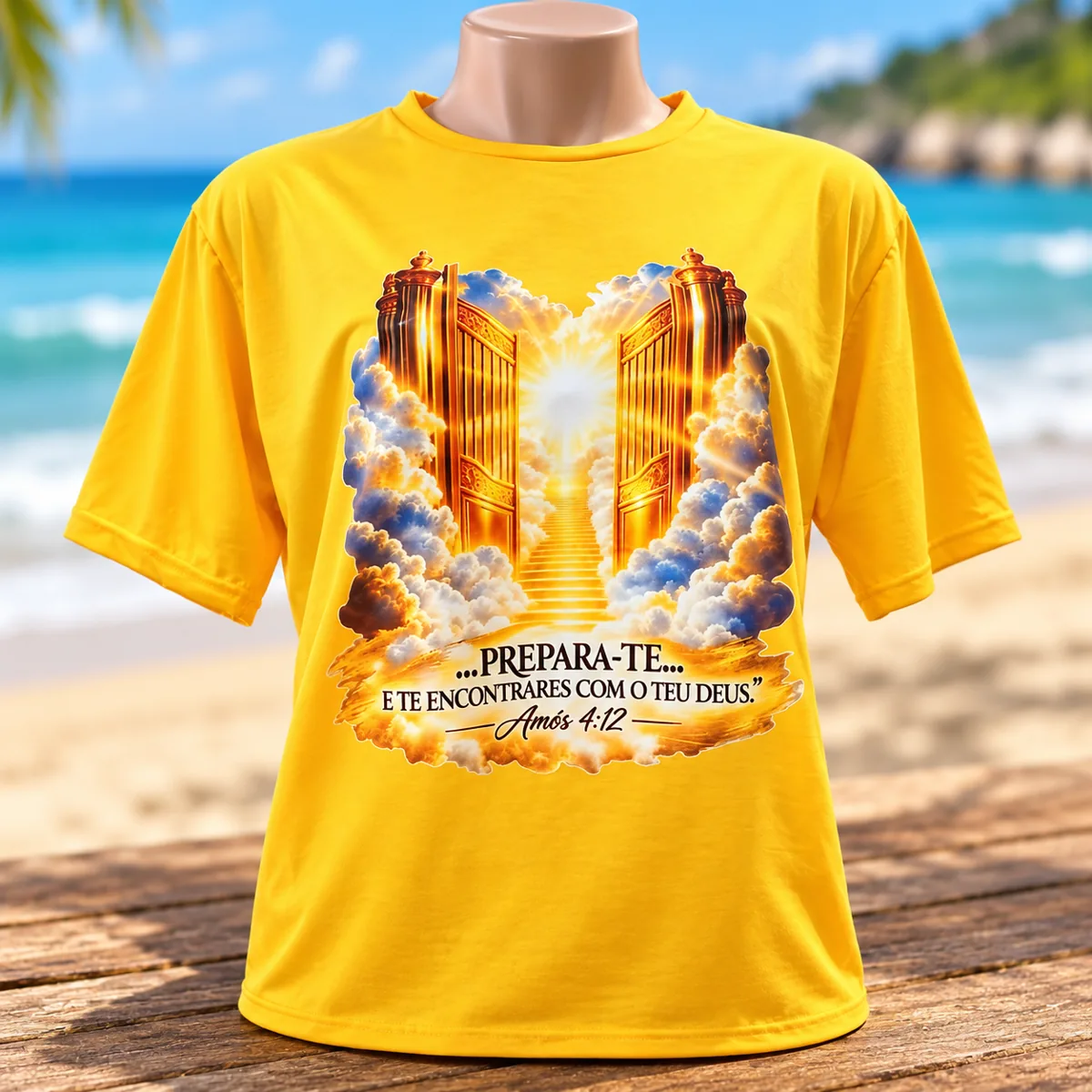 Camiseta amarela personalizada com estampa religiosa e versículo bíblico