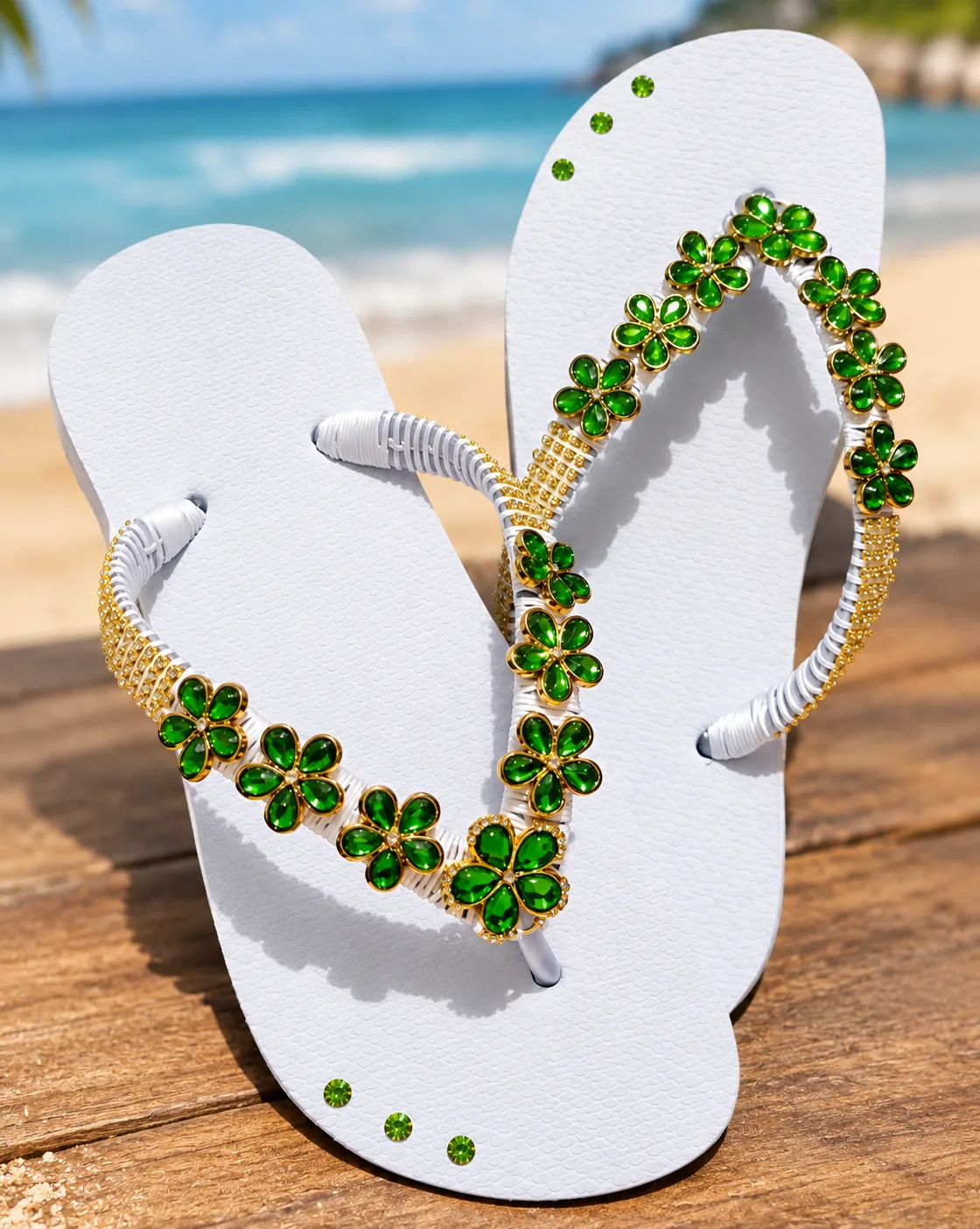 Chinelo branco personalizado com flores verdes