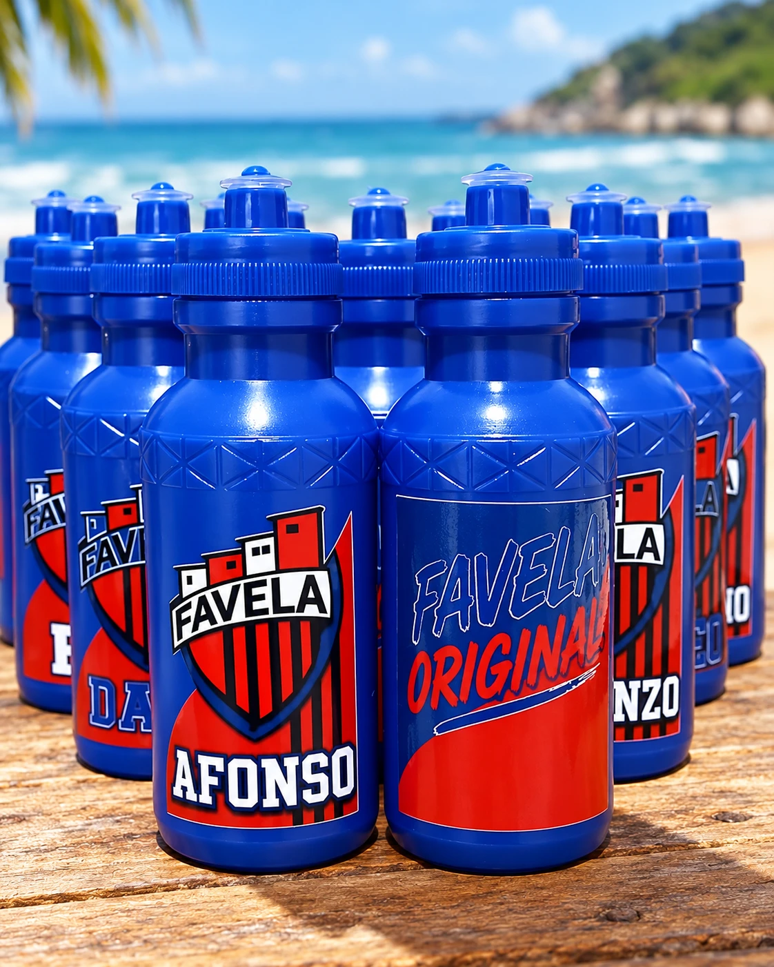 Squeezes azuis personalizados com escudo de time e nome de cada jogador