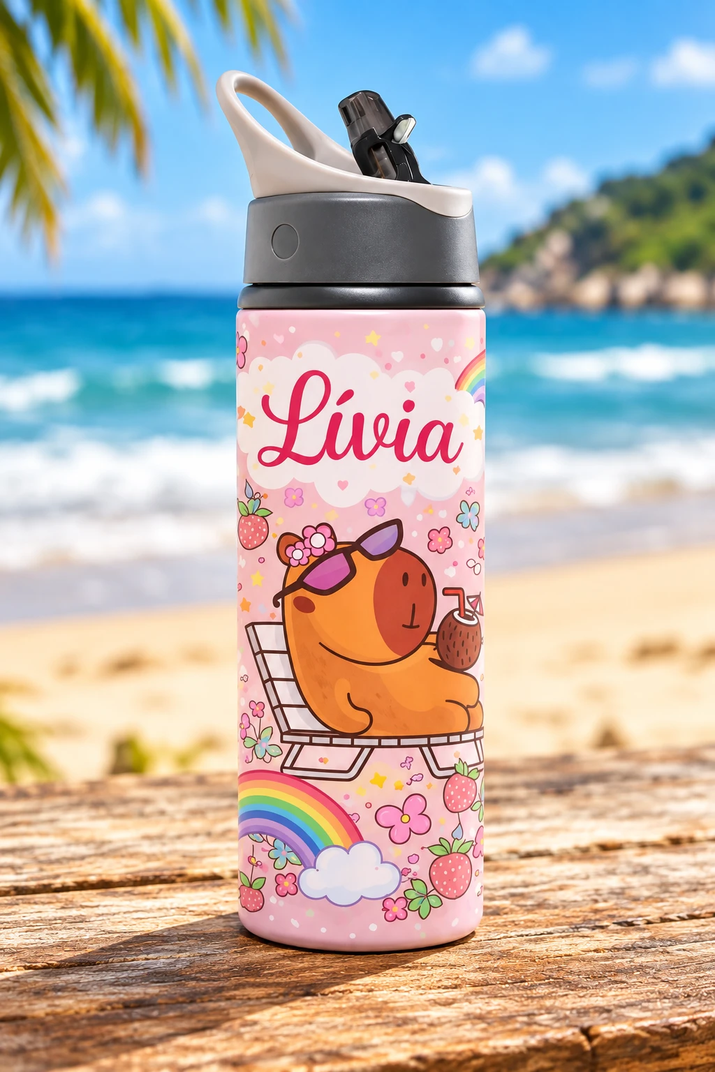 Squeeze rosa personalizado com o nome Lívia e ilustração de capivara